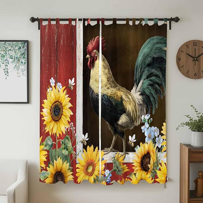 Chicken Sunflowers Living Room Curtains 84 Inch Length, Window Curtains Tab Top