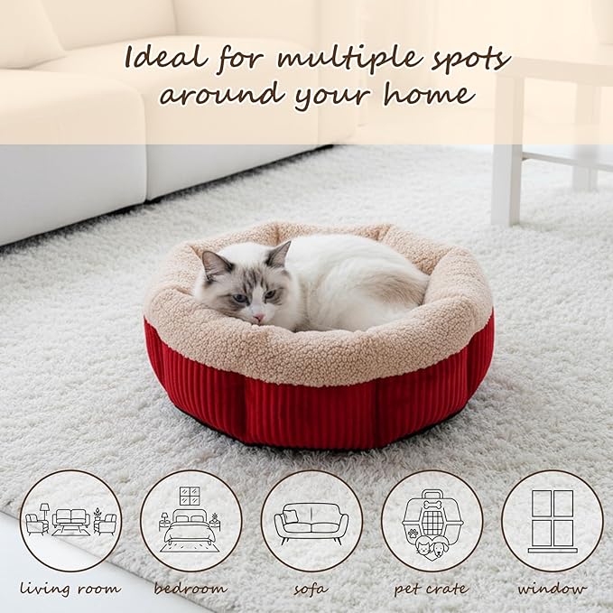 4 Pack Cat Bed Bulk 20in Self Warming Pet Beds for Small Cats Dogs Washable Red Round Donut Calming Bed with Anti-Slip Bottom Pet Gift Winter for Small Medium Cats and Dogs Puppy Kitten