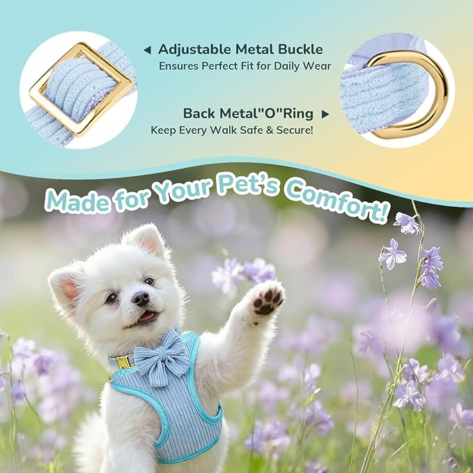 Small Dog Collar Harness and Leash Set, Dog Harness no Pull with Bowtie, Breathable Cotton Adjustable Pet Puppy Harness, Easy Walk Dog Harness, S(14–18.9")