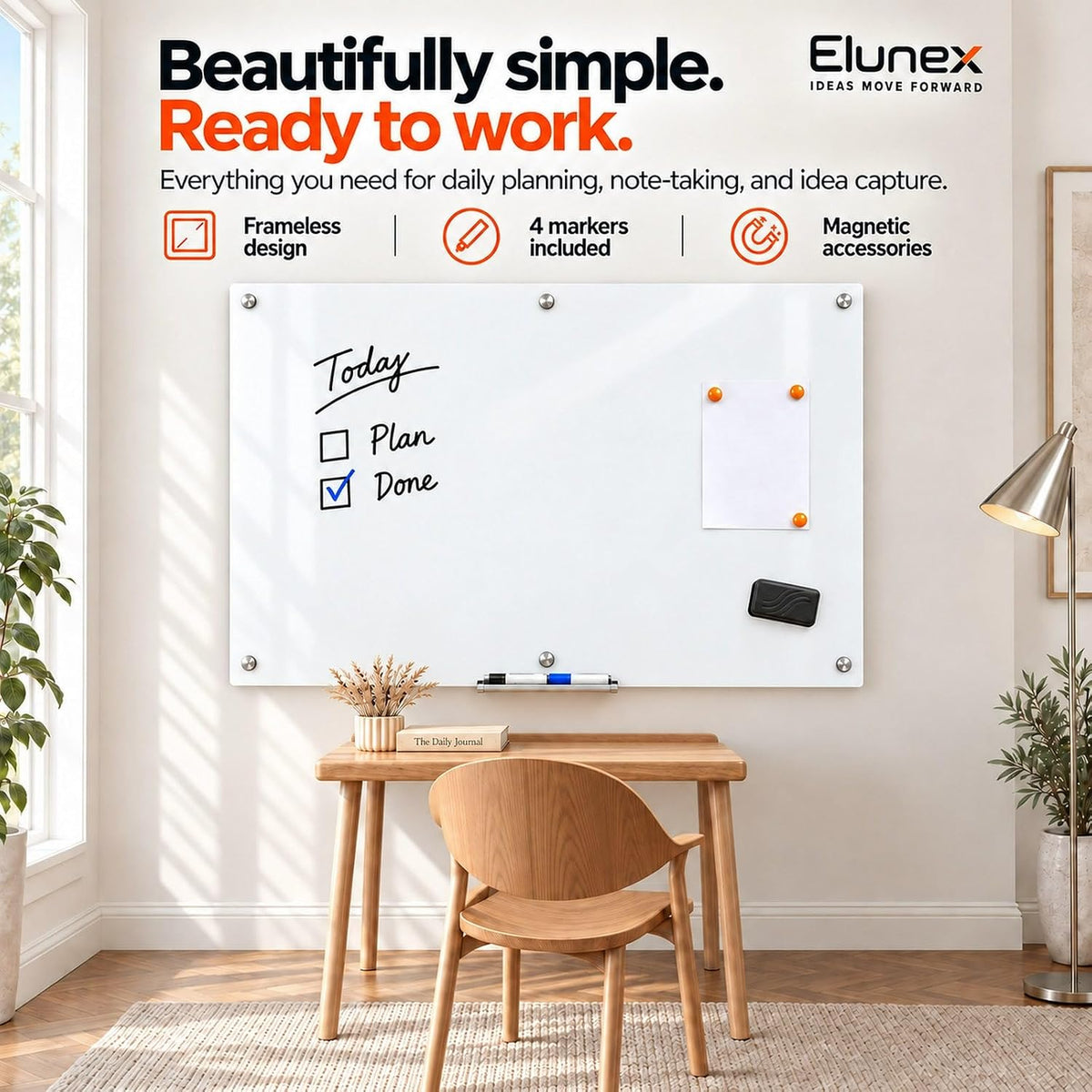 Magnetic Low-Iron Glass Whiteboard, 72 x 48 in, Pure White