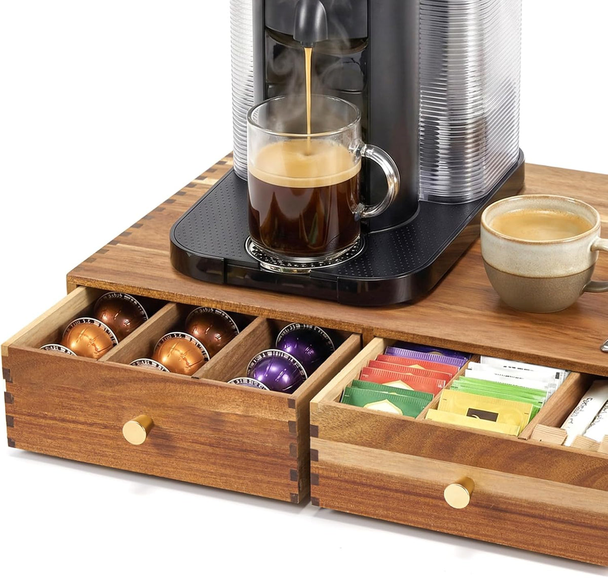 K Cup Organizer Drawer, Acacia Wood Coffee Pod and Tea Bag Storage Box