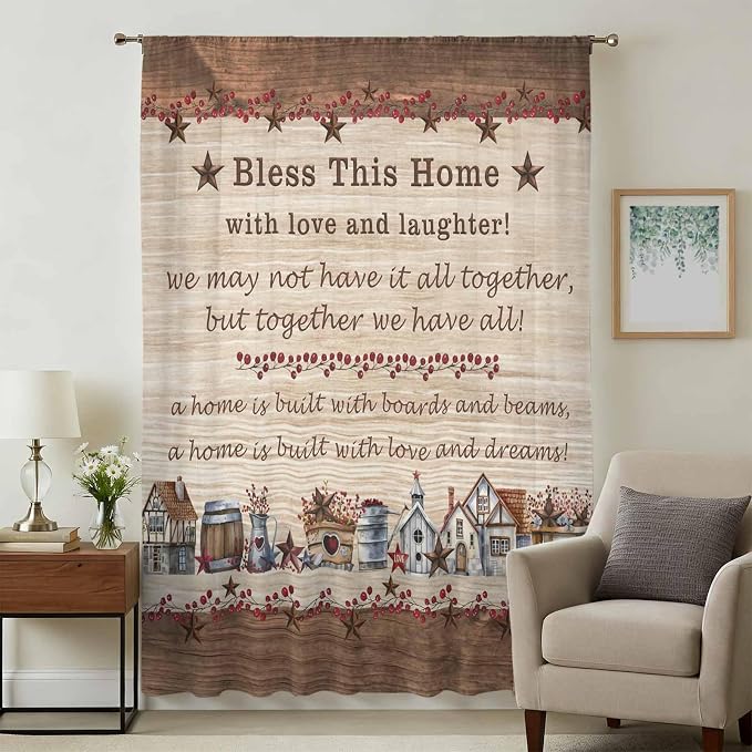 Farmhouse Sheer Curtains 45 Inch Length Brown Country Star Berry Vintage Wood