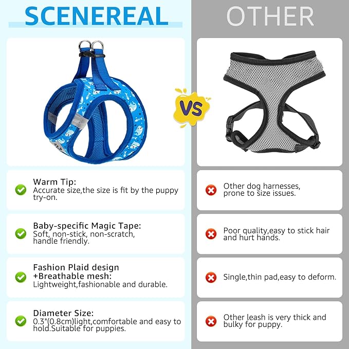 SCENEREAL Small Dog Harness and Leash Collar Set, Step in Soft Light Puppy Vest, Breathable Pet Harness for Small Sized Dogs, No Chock Reflective for Safe Outdoor Walking, Blue Shark S