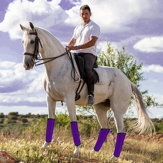 FOXLVDA Horse Fly Boots - Fly Boots for Horses Set of 4, Comfortable Horse Leggings, Mesh Material Design with Metal Support Bars for Reduces Stomping & Leg Fatigue (Purple, Large)