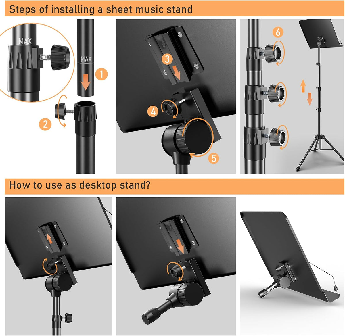 5 in 1 Dual-use Sheet Music Stand & Desktop Book Stand, Height Adjustable from 23.6-59 in, Folding Music Stand with Portable Carrying Bag, Sheet Music Folder & Rechargeable Music Stand Light