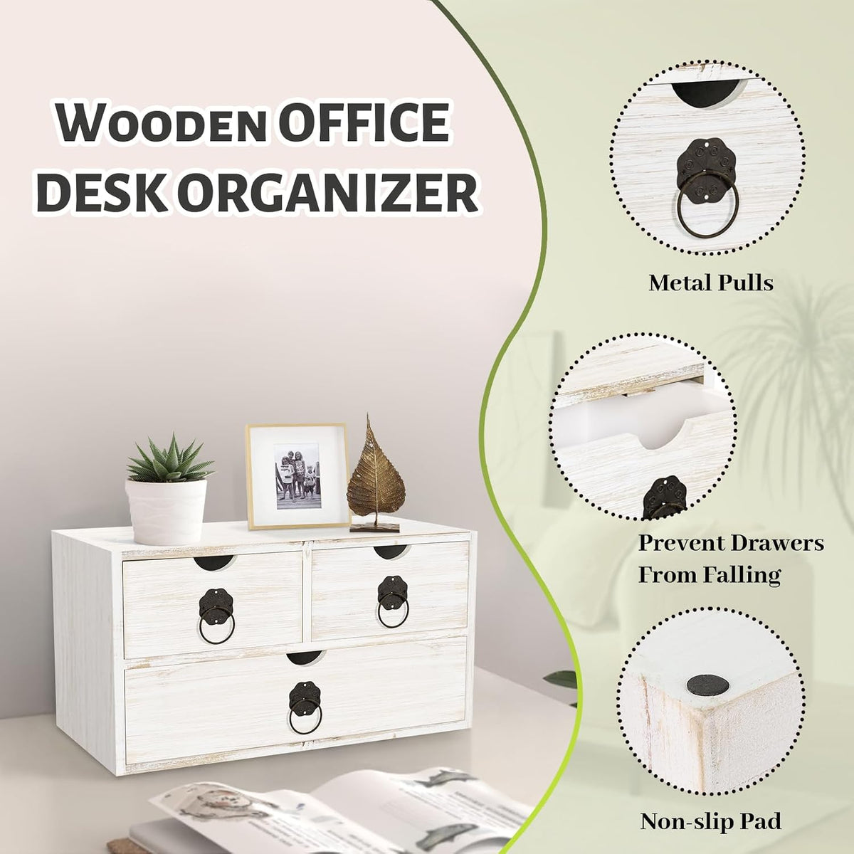 Wood Desk Organizer with Drawer, White Wooden Desktop Organizer, Tabletop Storage Organization Box for Countertop, Home Office Supplies (3 Drawer)