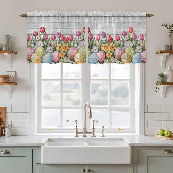 Easter Kitchen Tier Curtains 36 Inch Long 2 Panel Set, Rod Pocket Half Window