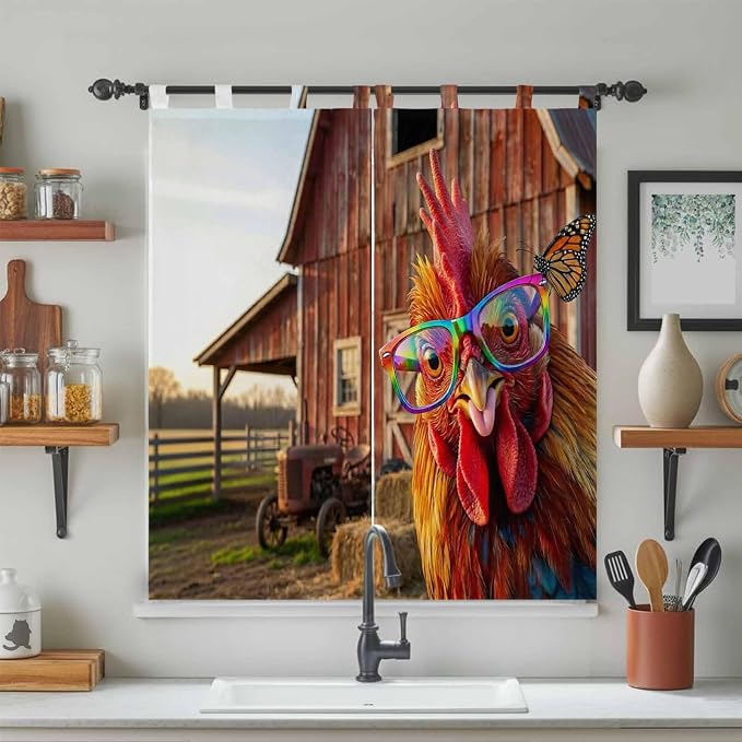 Farm Rooster Bedroom Curtains 72 Inch Length, Window Curtains Tab Top,