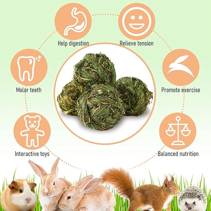 Hamiledyi 4 Pcs Rabbit Chew Ball Timothy Grass Ball Small Animal Activity Play Chew Toys Teeth Grinding for Bunny Rabbits Hamster Guinea Pigs Gerbils Chinchillas