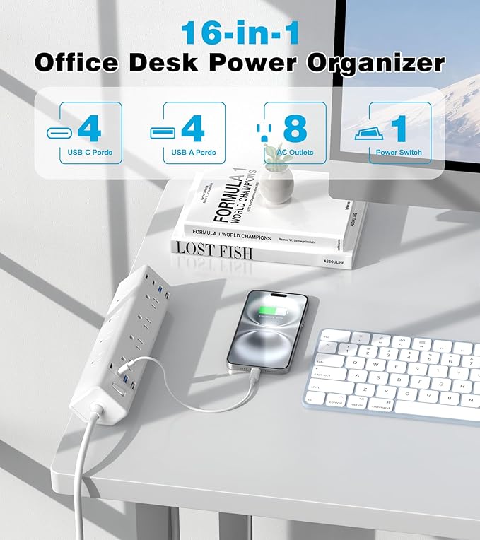 40W Fast Charging Station,Desk Clamp Power Strip,4 USB-C Ports & 8 AC Outlets,Desktop Edge Mount Surge Protector Power Strip,14AWG Heavy Duty Cord,Fit 1.9" Tabletop Edge for Home Office(10Ft Cable)