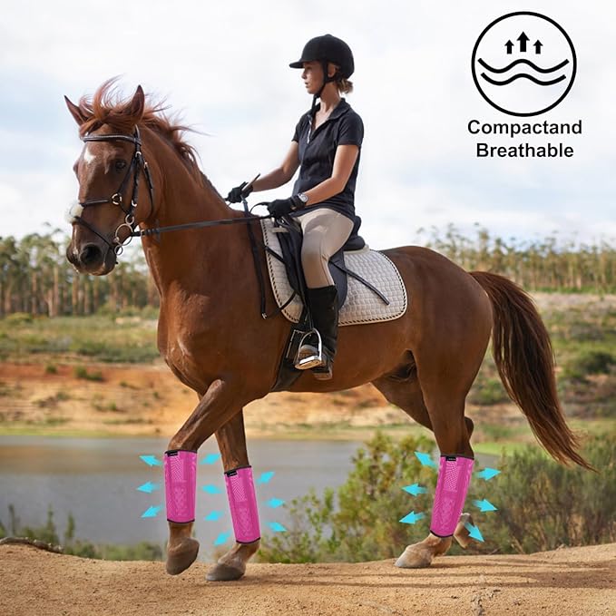FOXLVDA Fly Boots for Horses Set of 4, Comfortable Horse Leggings, Mesh Material Design with Metal Support Bars for Reduces Stomping & Leg Fatigue (Pink, Medium)