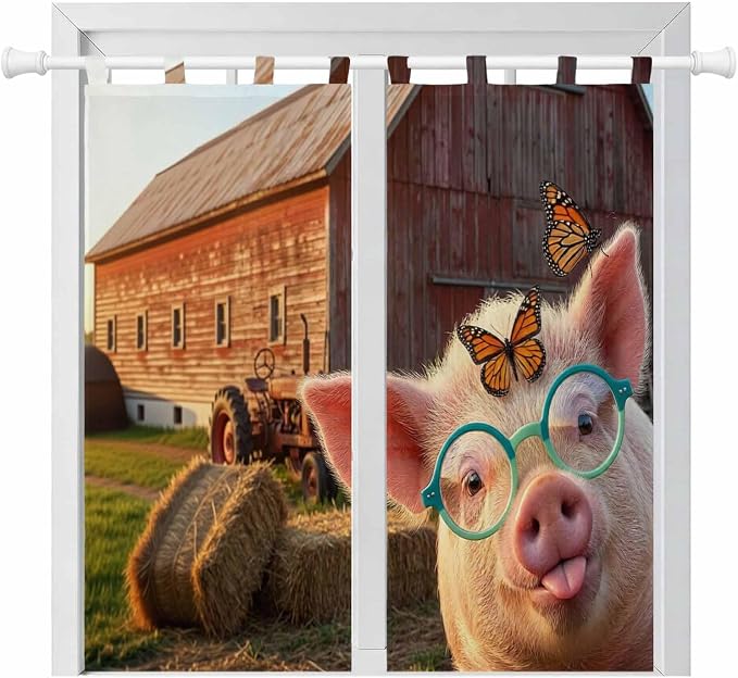 Farm Pig Bathroom Curtains 63 Inch Length, Window Curtains Tab Top, Farmhouse