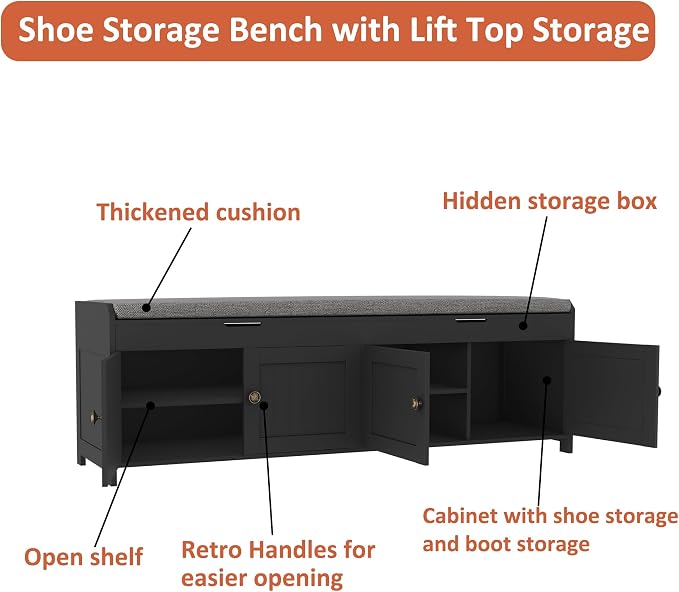 HOMEFORT 54.4" Shoe Bench with Lift Top Storage, Entryway Bench with Cushioned