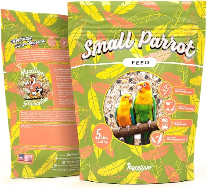 Mycelium Organic Small Parrot Bird Seed (5 LB Bag) | High-Energy Bird Food w/Premium Seeds & Grains for Skin & Feather Health | Daily Nutrition for Parrotlets, Conures & Cockatiel | Non-GMO, USA Made