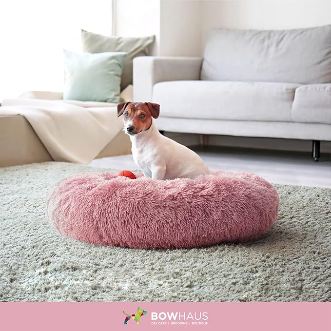 24/30 Inch Calming Donut Pet Bed for Small/Medium Cats and Dogs, Anti-Slip Bottom, Washable, Anti-Anxiety Fluffy Round Cat Bed, Indoor Shaggy Cuddler Cotton Candy Brown, Light Gray, Pink Bed