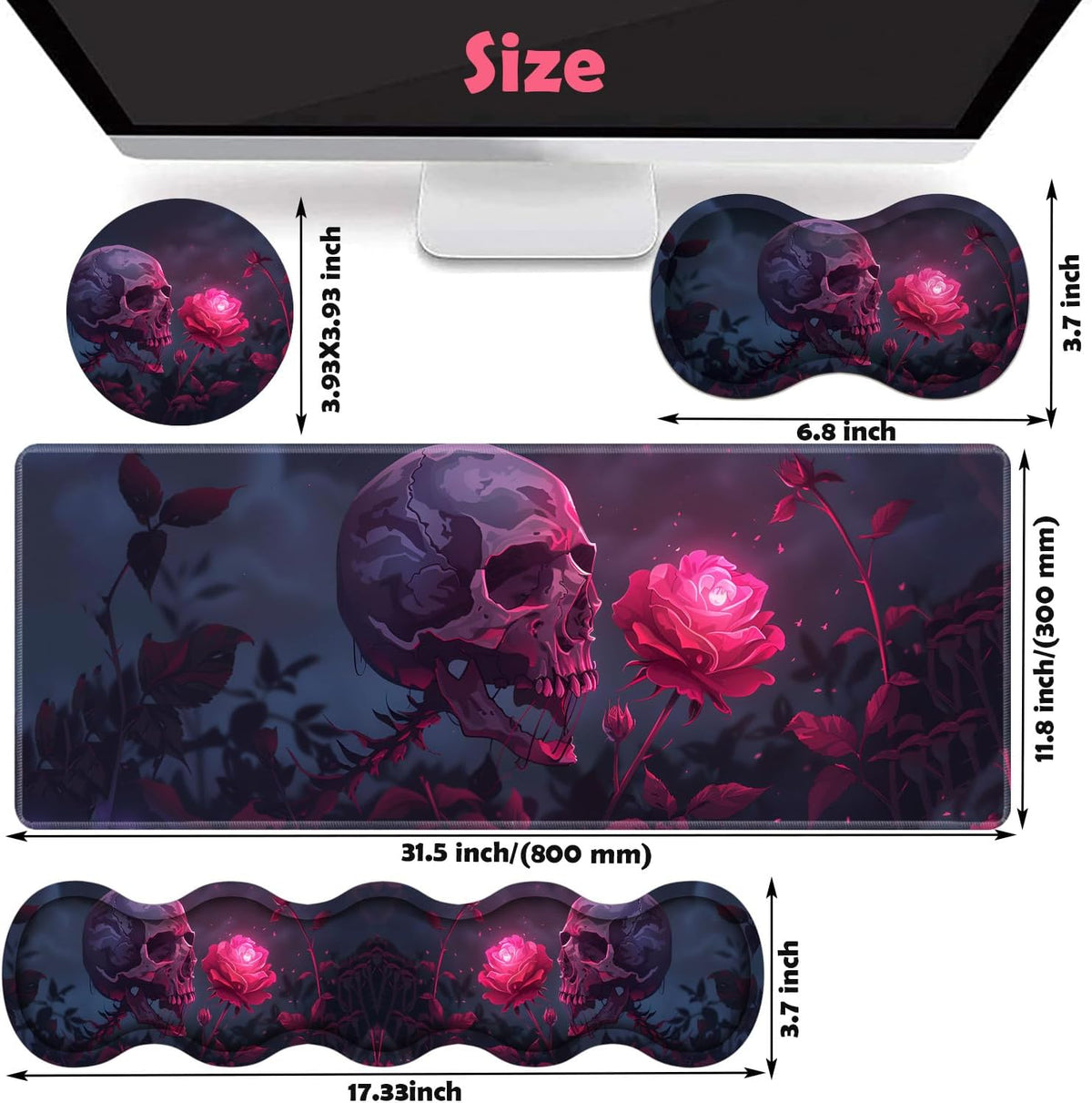 Large XXL Gaming Desk Mat 31.5"x 11.8", Ergonomic Keyboard Wrist Rest & Mouse Pad Wrist Rest + Coaster Set, Non-Slip Base, Memory Foam, Office and Home, Rose Skull