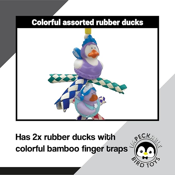 951 Double Duck Trap Bird Toy with Rubber Ducks Bamboo Finger Traps and Plastic Rings – Handcrafted Great for Small to Medium Size Birds
