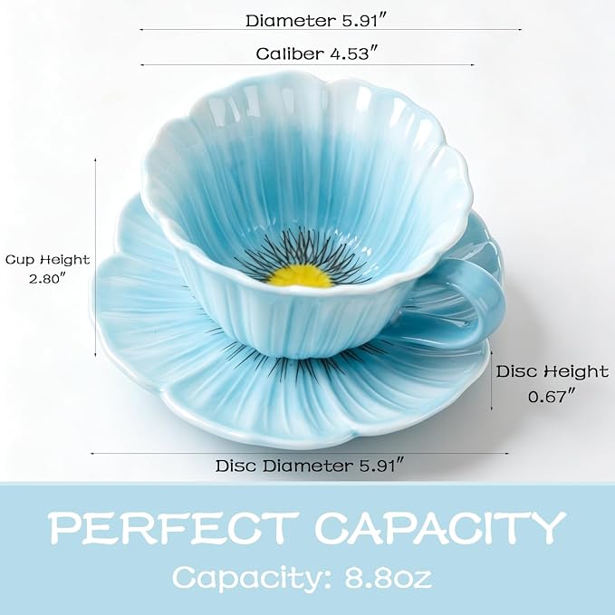 8.8 oz Tea Cups and Saucers, Flower-Shaped Ceramic Latte Art Cappuccino Cup and