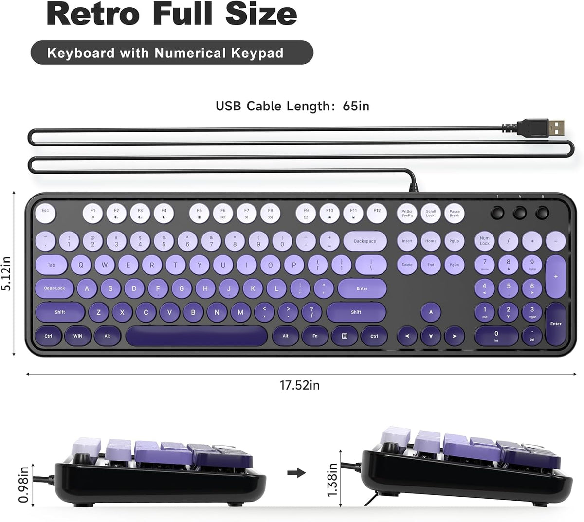 MOFII Wired Retro Typewriter Keyboard and Mouse Combo, Full Size USB Plug & Play for Windows PC Laptop- Black Purple