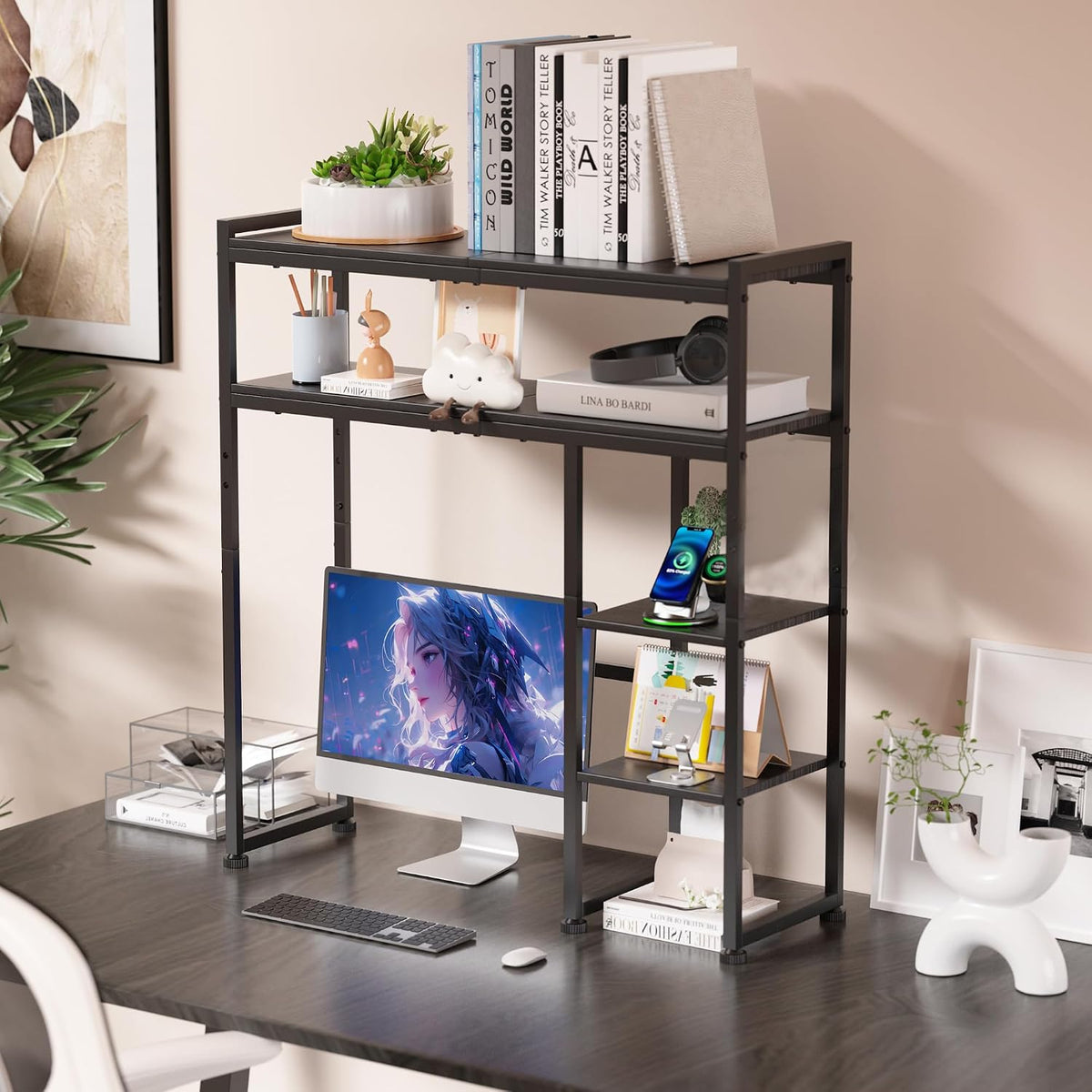 Aetheris Desktop Organizer Shelf, 30" Wooden Office Storage Rack, Display Shelf Rack, 5 Tier Desktop Display Rac, Desk Shelf, Desk Hutch for Computer Monitor (Black)