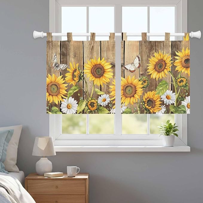 Farmhouse Sunflowers Kitchen Curtains 36 Inch Length, Small Window Curtains Tab