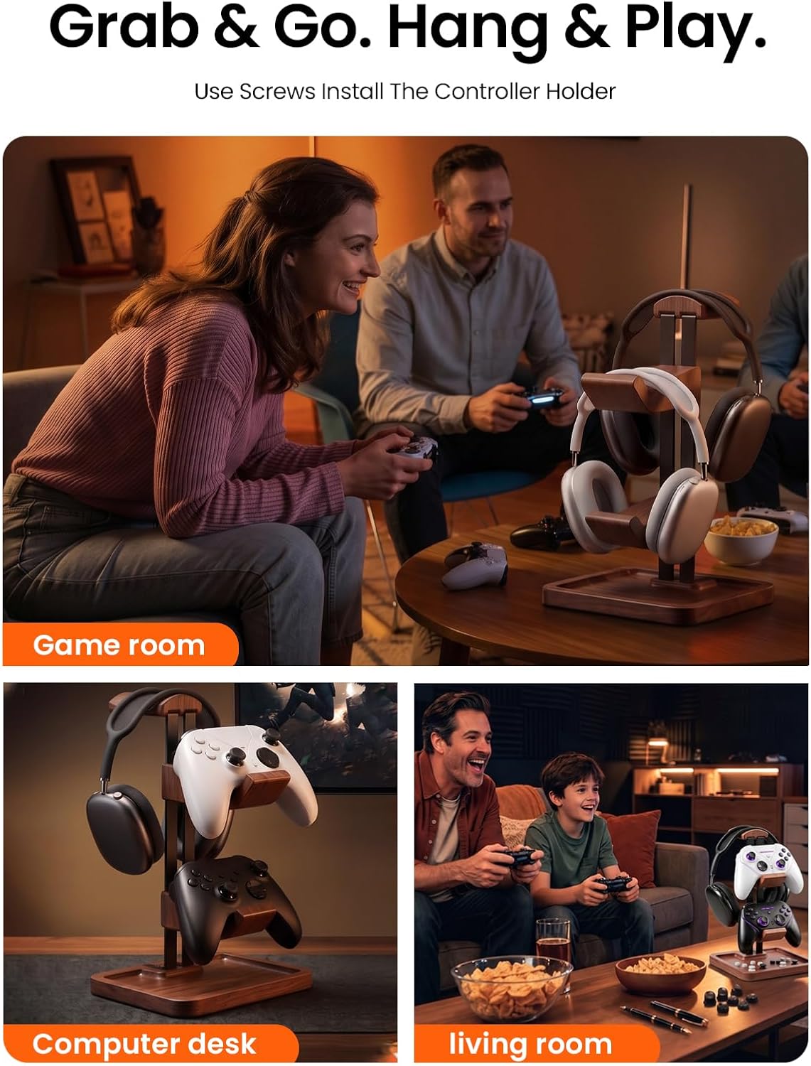 LOXP Walnut Headphone and Controller Stand, 2-in-1 Holder with Storage