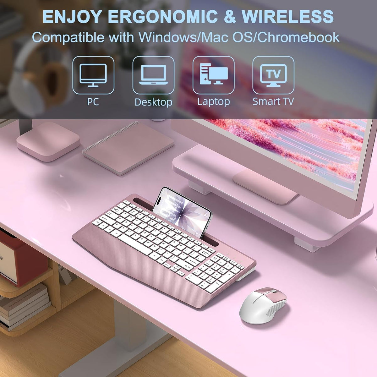 Rechargeable Silent Wireless Keyboard and Mouse Combo, Ergonomic Wrist Rest & Phone Tablet Holder, USB-C Adapter Included, 2.4G Lag-Free Cordless Set for Windows Mac Laptop PC Home Office (Rose Gold)