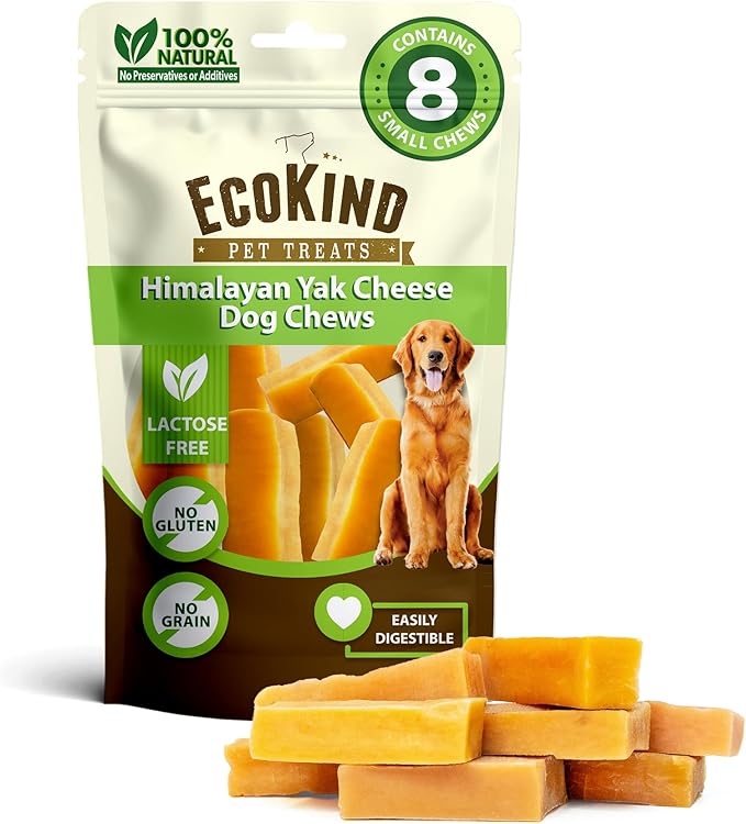 EcoKind Pet Treats Gold Himalayan Yak Cheese Dog Chew, Yak Dog Treats for Active Chewers, 100% Natural & Healthy Chew Sticks for Small & Large Dogs, Small Yak Cheese Sticks (8 Chews)