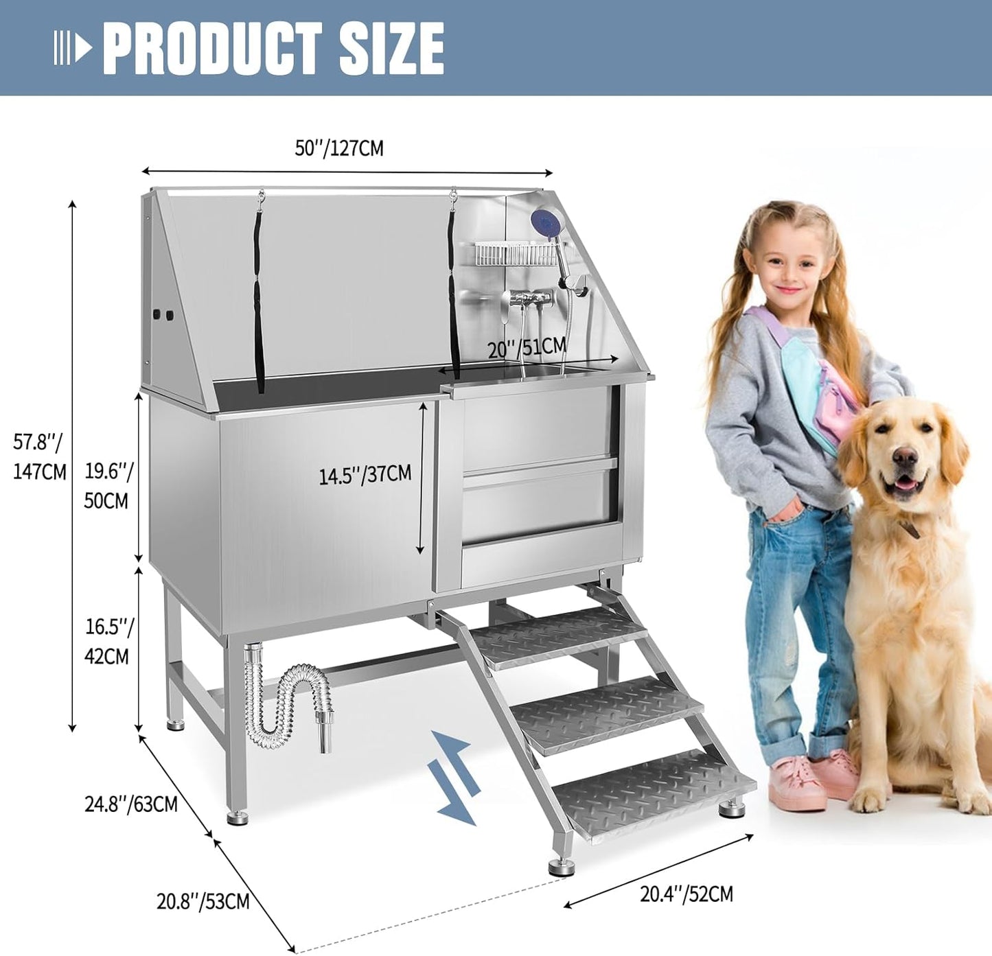 50" Dog Bathing Station, Professional Dog Washing Station Stainless Steel Dog Grooming Tub for Home,Equipped with Three Anti-Slip Steps, Removable Door, Pet Wash Station for Pet (50" Right ramp)