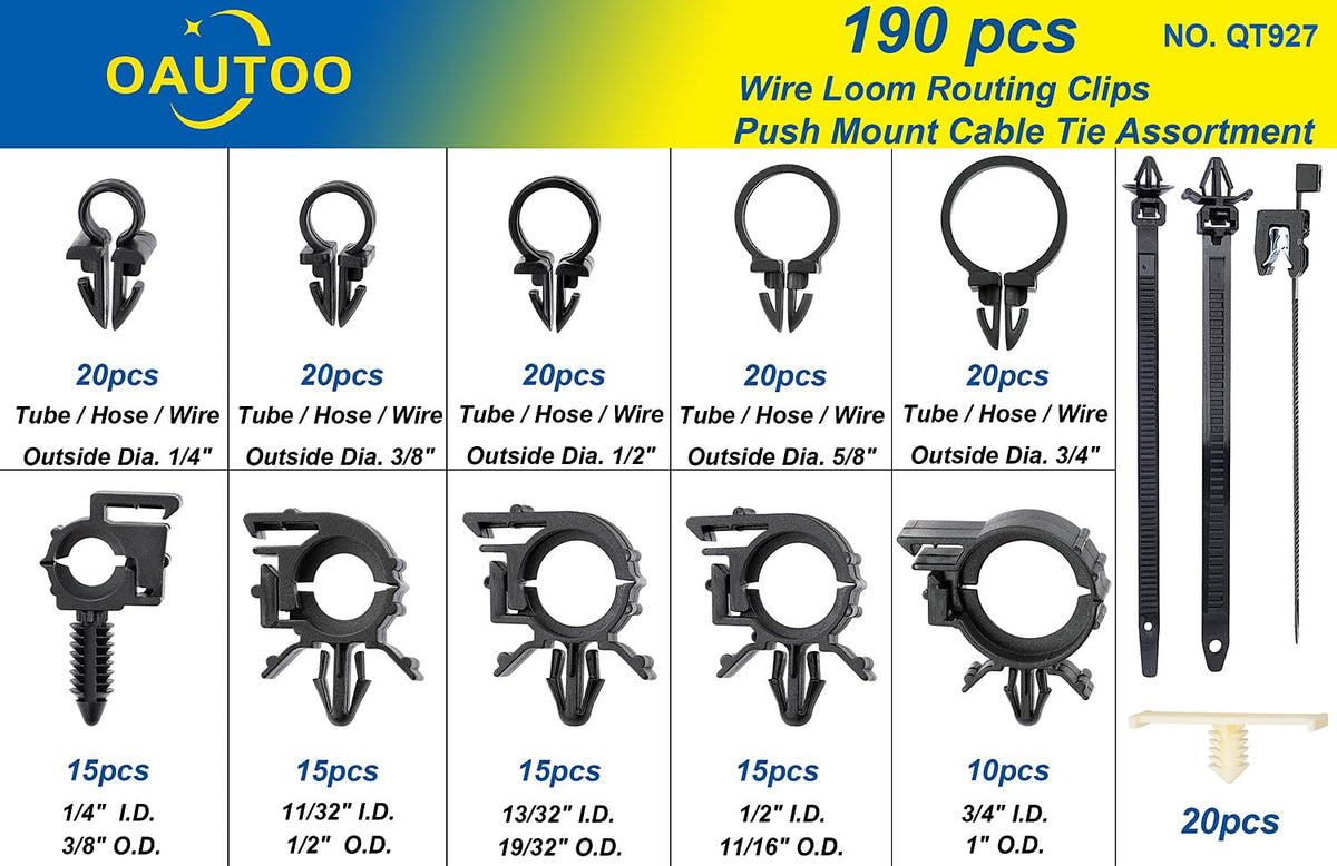 190pcs Wire Loom Routing Clips Push Mount Cable Tie Assortment
