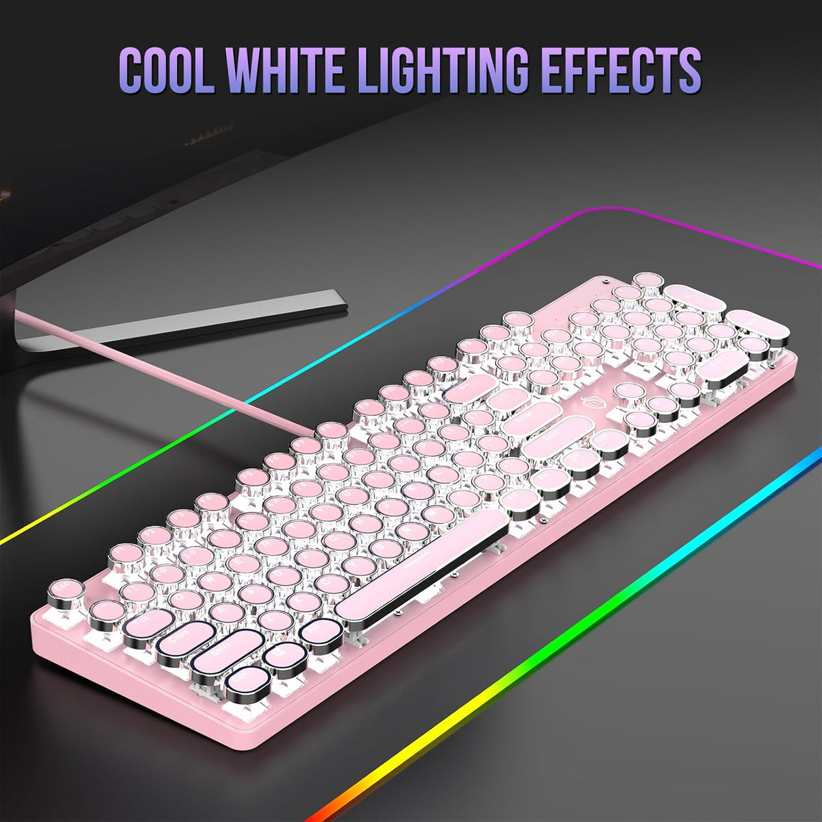 Typewriter Mechanical Gaming Keyboard with RGB Backlit Red Switches, 104 Keys Retro Round Keycap, Wired Typewriter Style Comfortable Typing Soud (Pink)