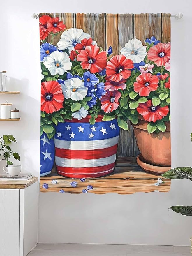 Sheer Curtains 72 Inches Long, Retro Independence Day Flag Wood Grain Privacy