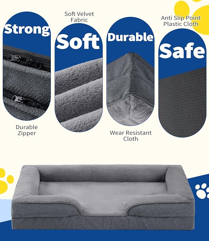 MADE 4 PETS Orthopedic Dog Bed for Extra Large Dogs, Supportive Foam XL Pet Bed Sofa with Washable Removable Cover, Waterproof Large Dog Couch Bed, Non-Slip Bottom and Egg-Crate Foam, Grey
