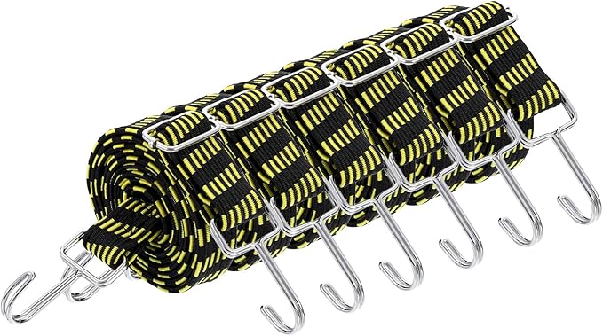 uxcell 6Pcs Adjustable Bungee Cords with Hooks, 79 Inch Flat Heavy Duty Elasticity Straps Rubber Bungee Cords with Buckle for Outdoor, Camping, Tarp, Bike Rack, Luggage, Black Yellow