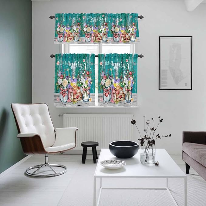 Spring Flowers Kitchen Curtains Set 3 Piece