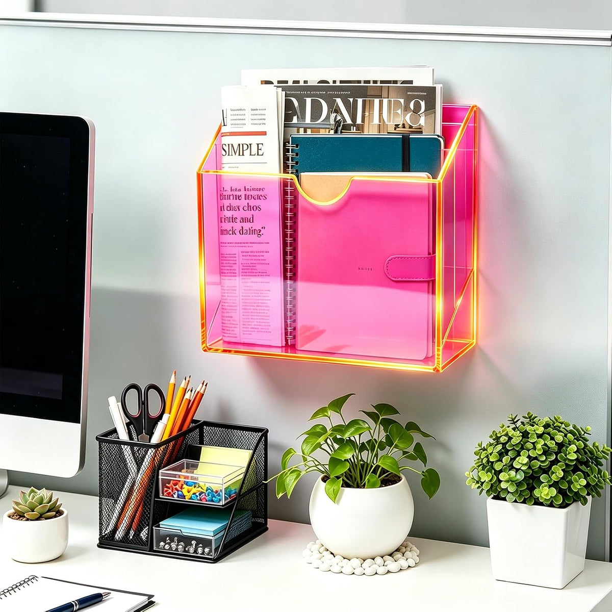 3-Tier Wall File Organizer Acrylic Hanging File Holder Magazine Holder Wall Mount, Neon Pink