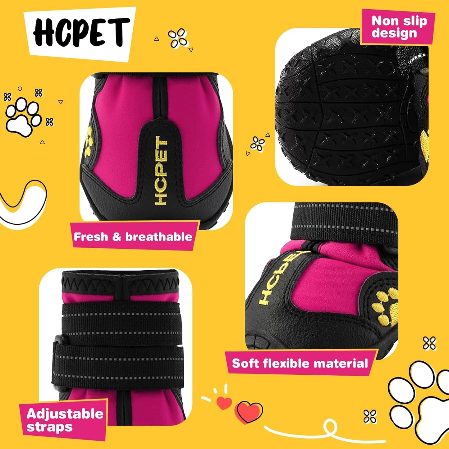 Hcpet Dog Shoes, Dog Boots for Large Dogs, Waterproof Dog Booties Paw Protector for Summer Hot Pavement, Winter Snowy Day, Outdoor Walking, Indoor Hardfloors Anti Slip Sole Pink Size 7
