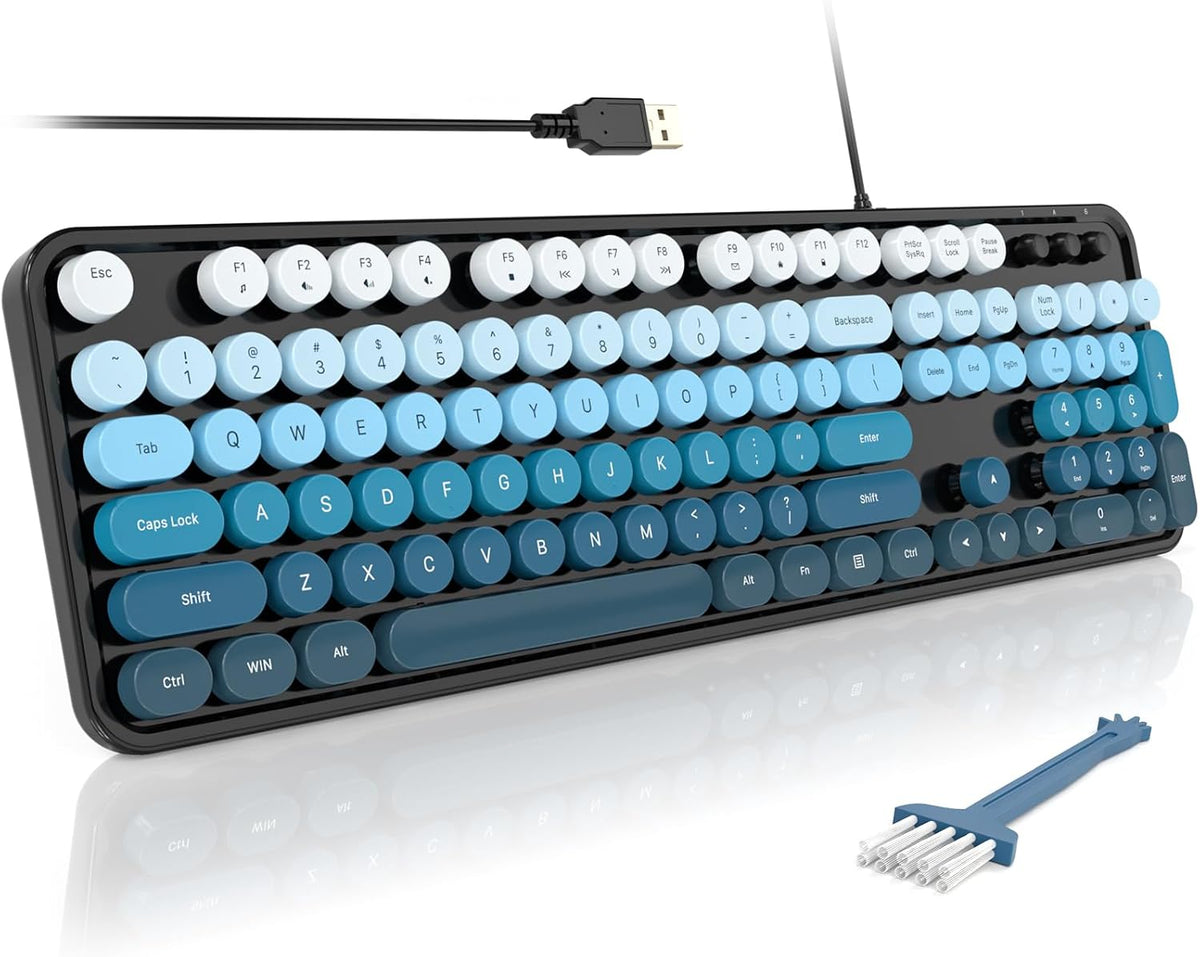 MOFII Computer Keyboards Wired, Plug Play USB Full Size Typewriter Keyboard, Cute Colorful Aesthetic Keyboard with Foldable Stands for Windows PC Laptop (Black Blue)