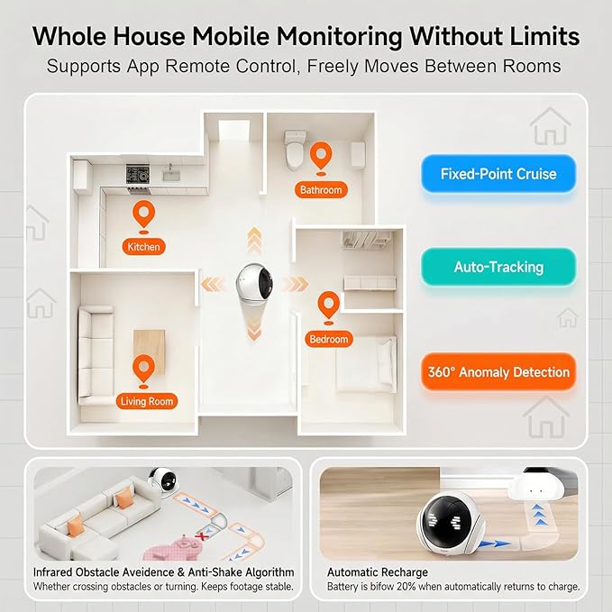 Denash Robot Camera on Wheels,1080P Movable Indoor Camera with Remote Interaction, 2 Way Talk, Night Vision, Motion Detection, Auto Recharge, APP Control Home Security Cam for Pet, Elderly, Baby