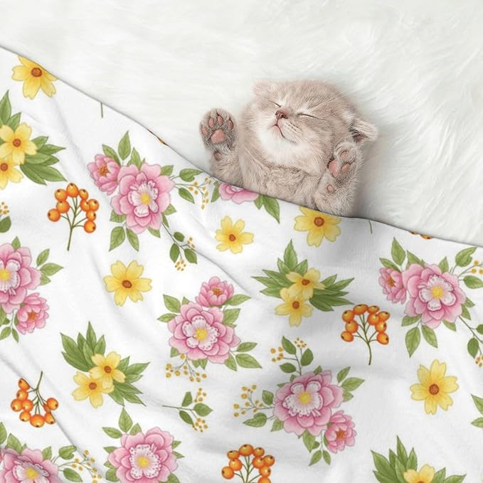 Pet Blanket for Car Rides Vet Visits, Colorful Rowan Berries Blossoming Spring Poppies Pattern, Two Sided Reversible Plush Design with Bumpy Dot Side Offers Comfort Home Piece On Go Travel