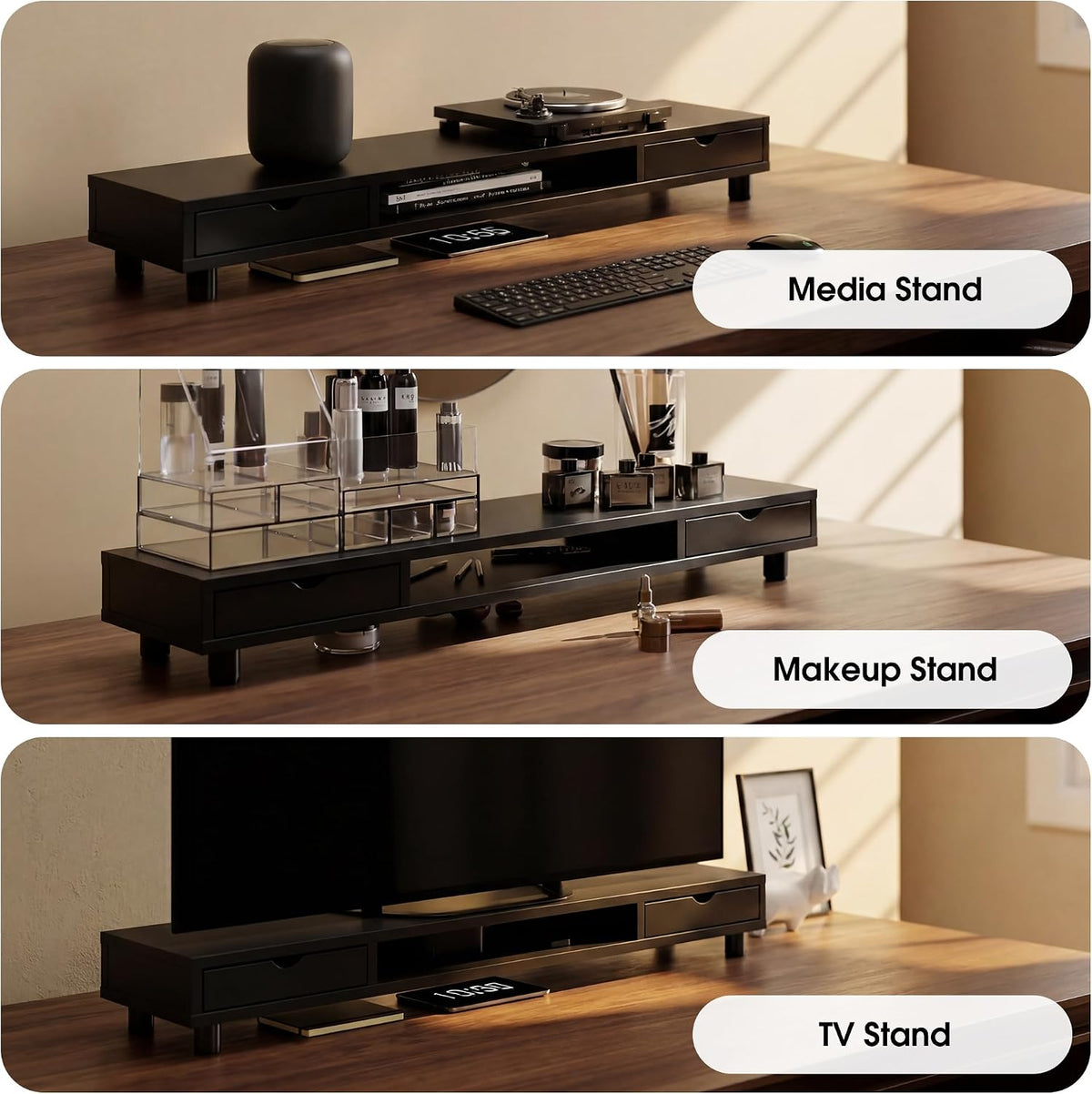 Fenge Dual Monitor Riser with 2 Drawers, 42.5in Long Desk Shelf, Black