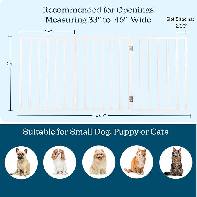Pet Gate - 3-Panel Indoor Foldable Dog Fence for Stairs, Hallways or Doorways - 54x24-Inch Retractable Wood Freestanding Dog Gates by PETMAKER (White)