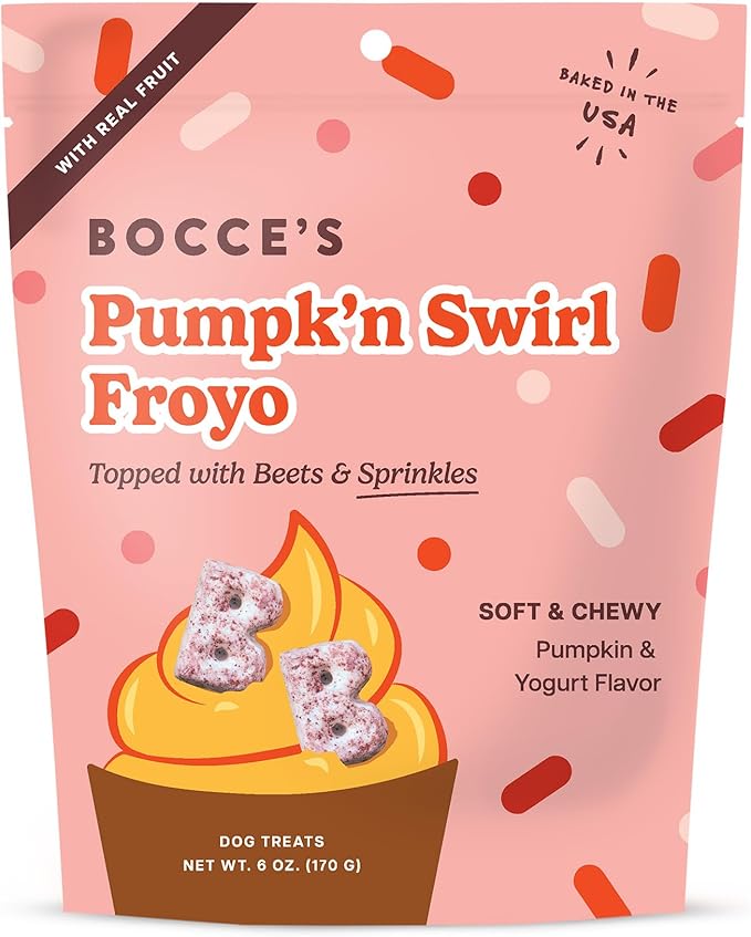 Bocce's Bakery Pumpk’n Swirl Froyo Dog Treats – Natural, Wheat-Free Soft & Chewy Cookies Made with Real Ingredients – Baked in The USA and Topped with Beets & Sprinkles, 6oz
