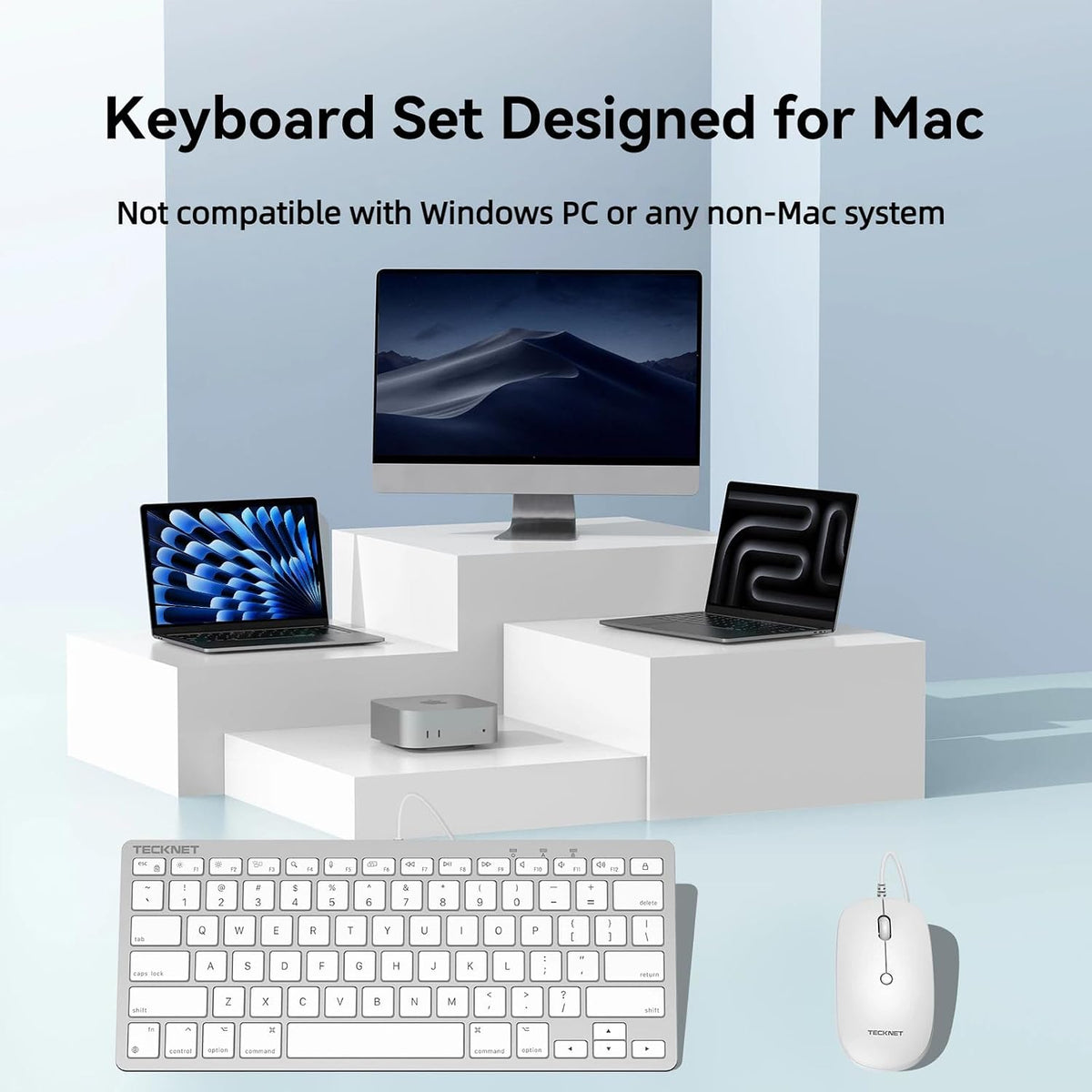 TECKNET USB Wired Keyboard and Mouse for Mac, USB-C/A, Quiet, Slim, White