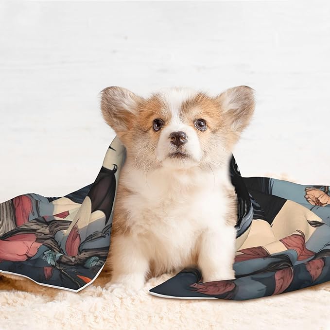Waterproof Dog Blanket Soft Pet Blanket for Puppy Cat, Fleece Cat Throw Blankets for Furniture Bed Couch Sofa Reversible - Moonlit Crow Blossoms