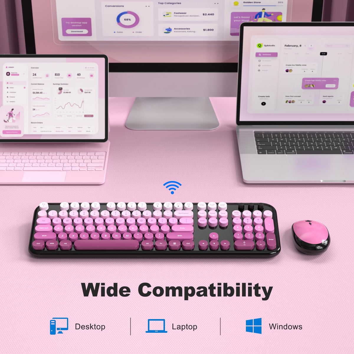 Atelus Wireless Keyboard and Mouse Combo, Typewriter Full Size Keyboard with Number Pad and 2 in 1 USB Connected Mouse for PC Computer Laptop Desktop Windows 7 8 10 11 (Black Pink)