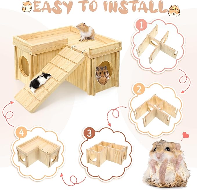 Wooden Hamster Hideout, Multi-Chamber Hamster House Maze, Hamsters Secret Peep Shed, Gerbils Chamber Hut with Ladder, Detachable Small Animals Cage Accessories for Small Animal
