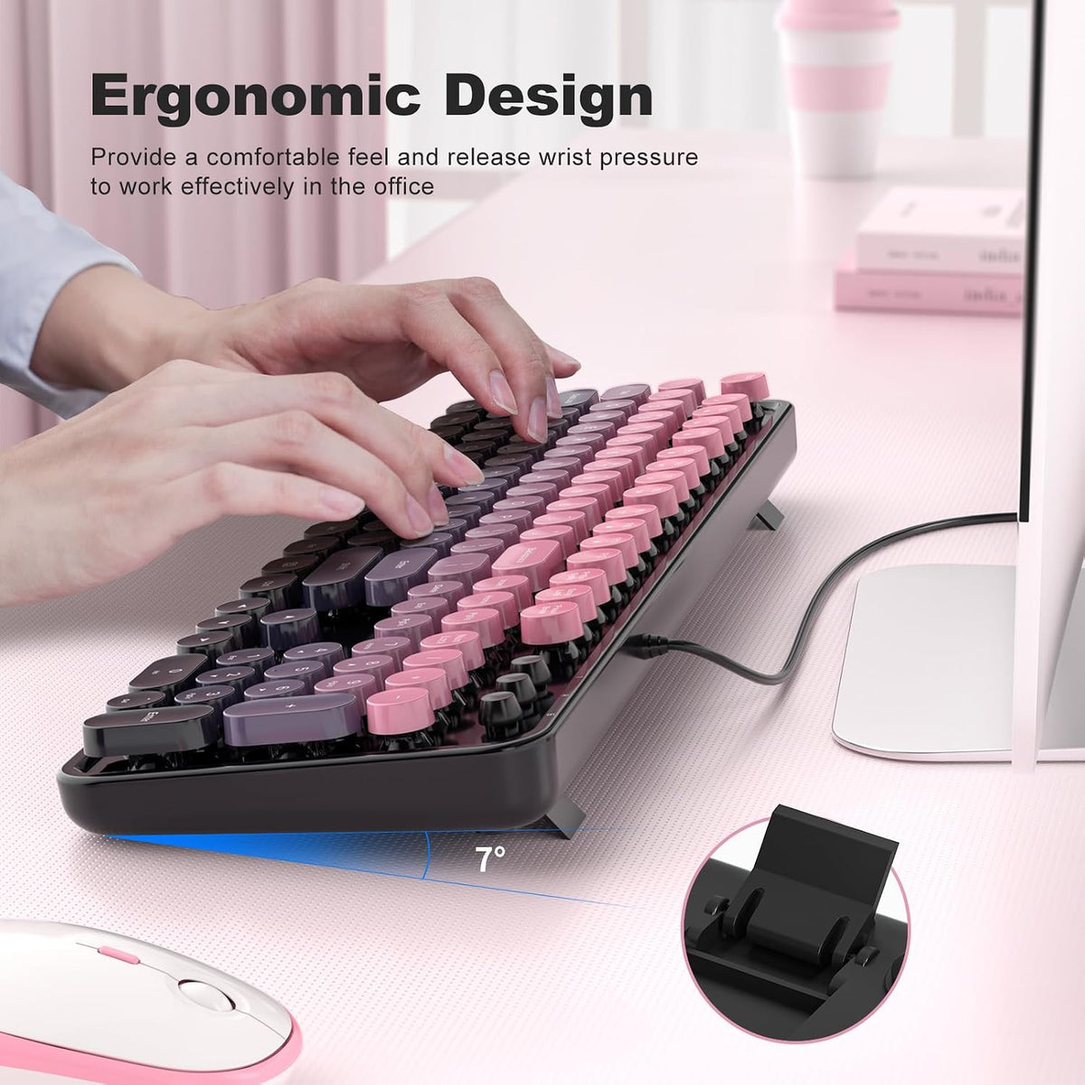 MOFII Computer Keyboards Wired, Plug Play USB Full Size Typewriter Keyboard, Cute Colorful Aesthetic Keyboard with Foldable Stands for Windows PC Laptop (Berry Pink)