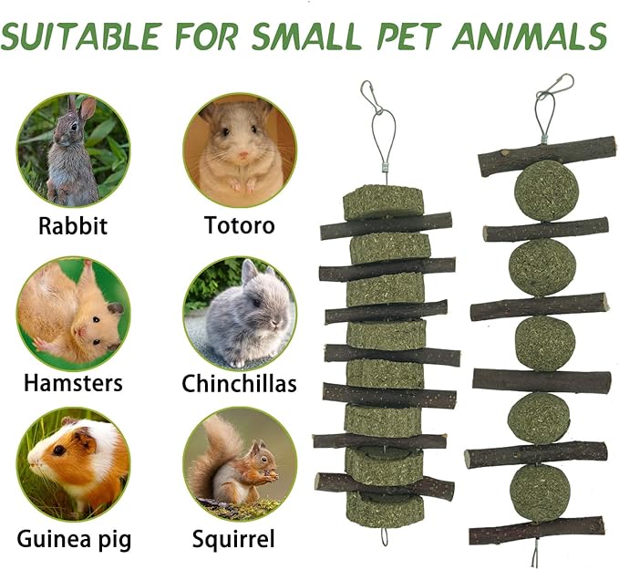 Rabbits Bunny Chew Toys Treats Natural Wood Timothy Hay Grass Cakes Balls Chew Toys Treats for Hamster Chinchilla Guinea Pigs 8pcs