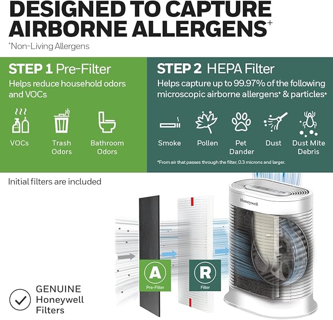Honeywell HPA300 HEPA Air Purifier, Airborne Allergen Reducer for Large Rooms (465 sq ft), White - Wildlfire/Smoke, Pollen, Pet Dander, and Dust Air Purifier